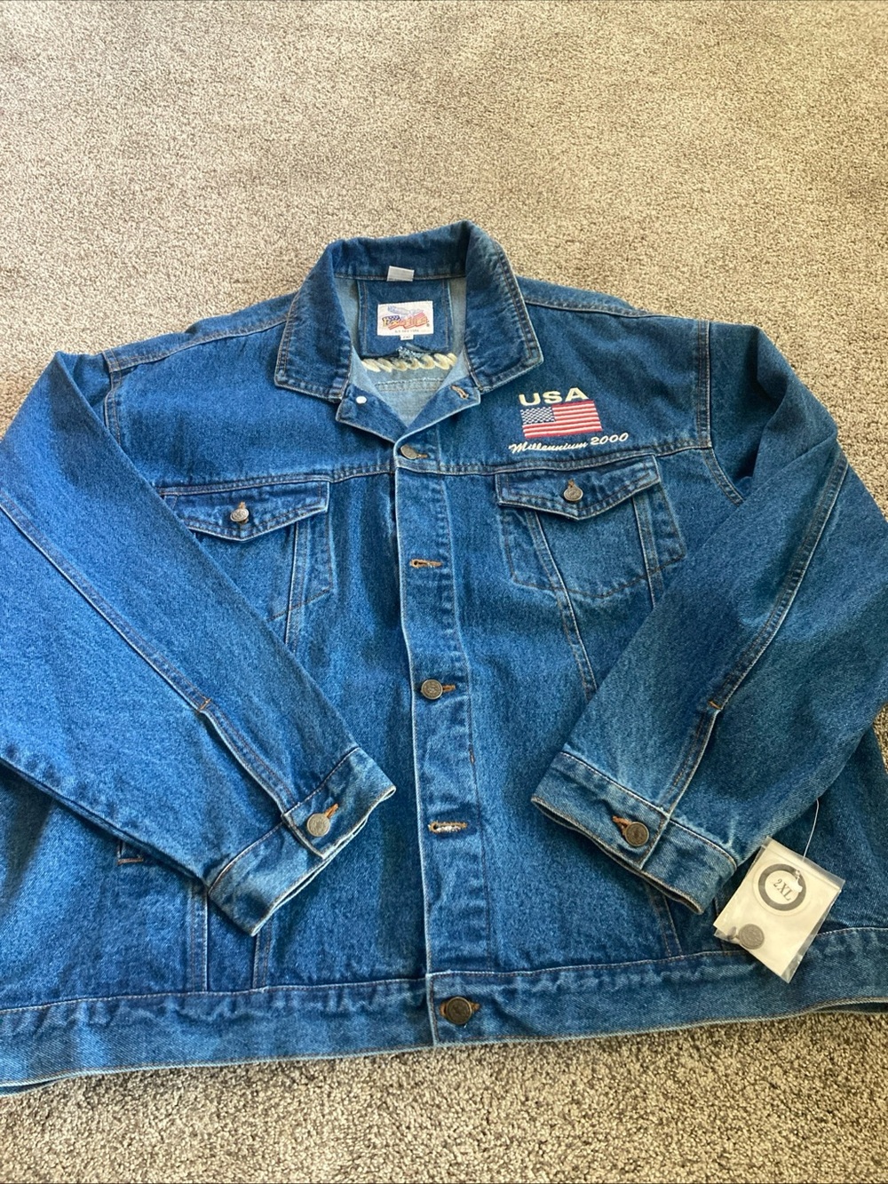 Vtg Denim JEAN JACKET UNISEX 2000 Millennium LEATHER US FLAG by EXCELLED 2XL